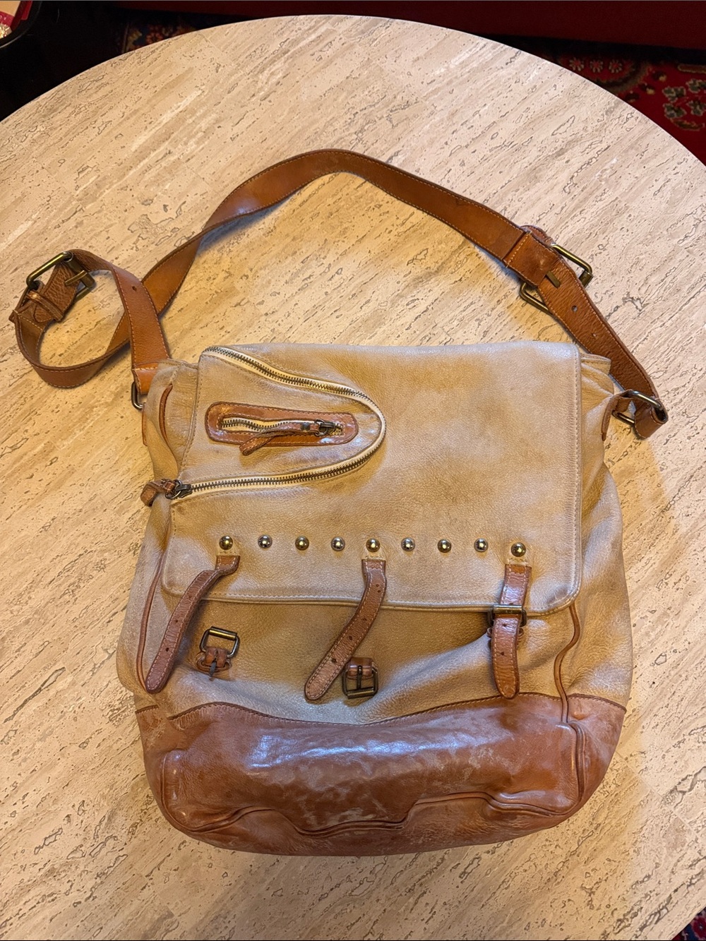 Elisa Cavaletti Distressed Tan Leather Tote with Brass Zipper